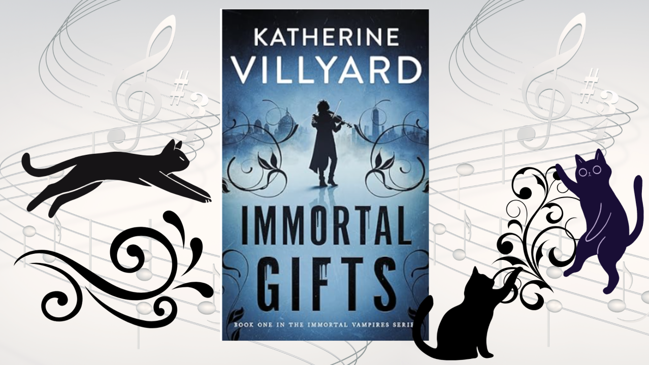 Book cover shows silhouette of man playing violin. Cats play around border of book
